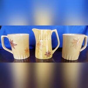 Mid Century Coffee Creamer and 2 Coffee Cups- 60's  Ceramic Maple Design Gold